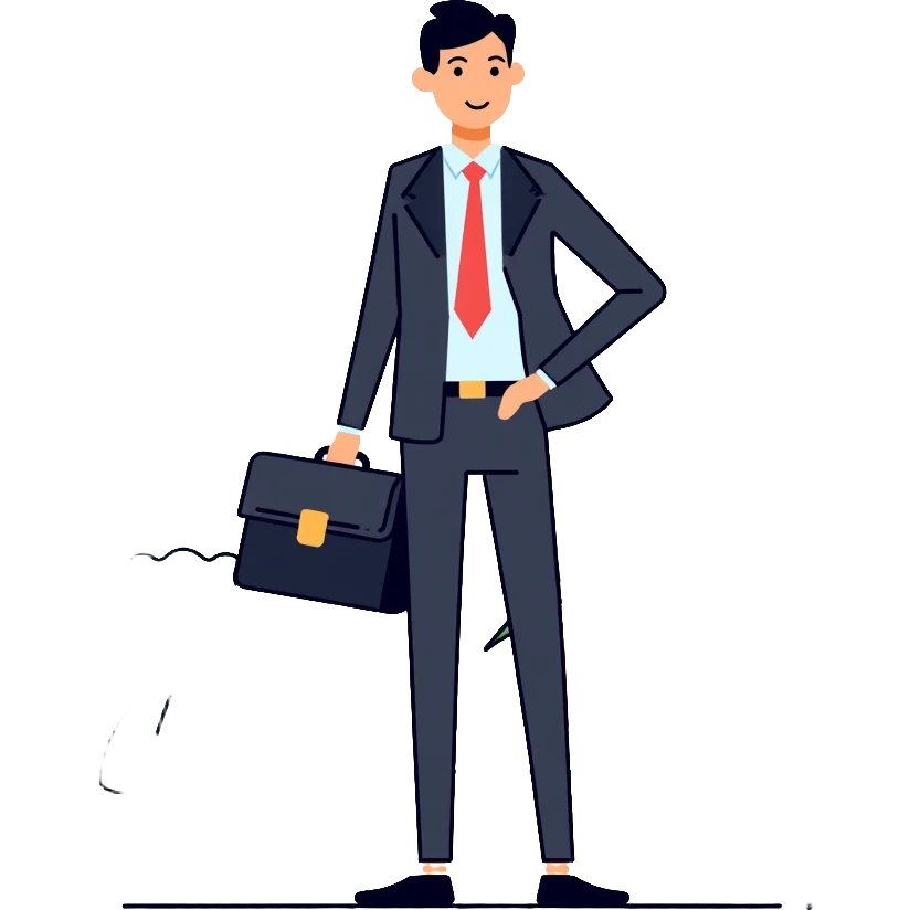 Finance expert businessman with briefcase, stock market chart, and money emoji