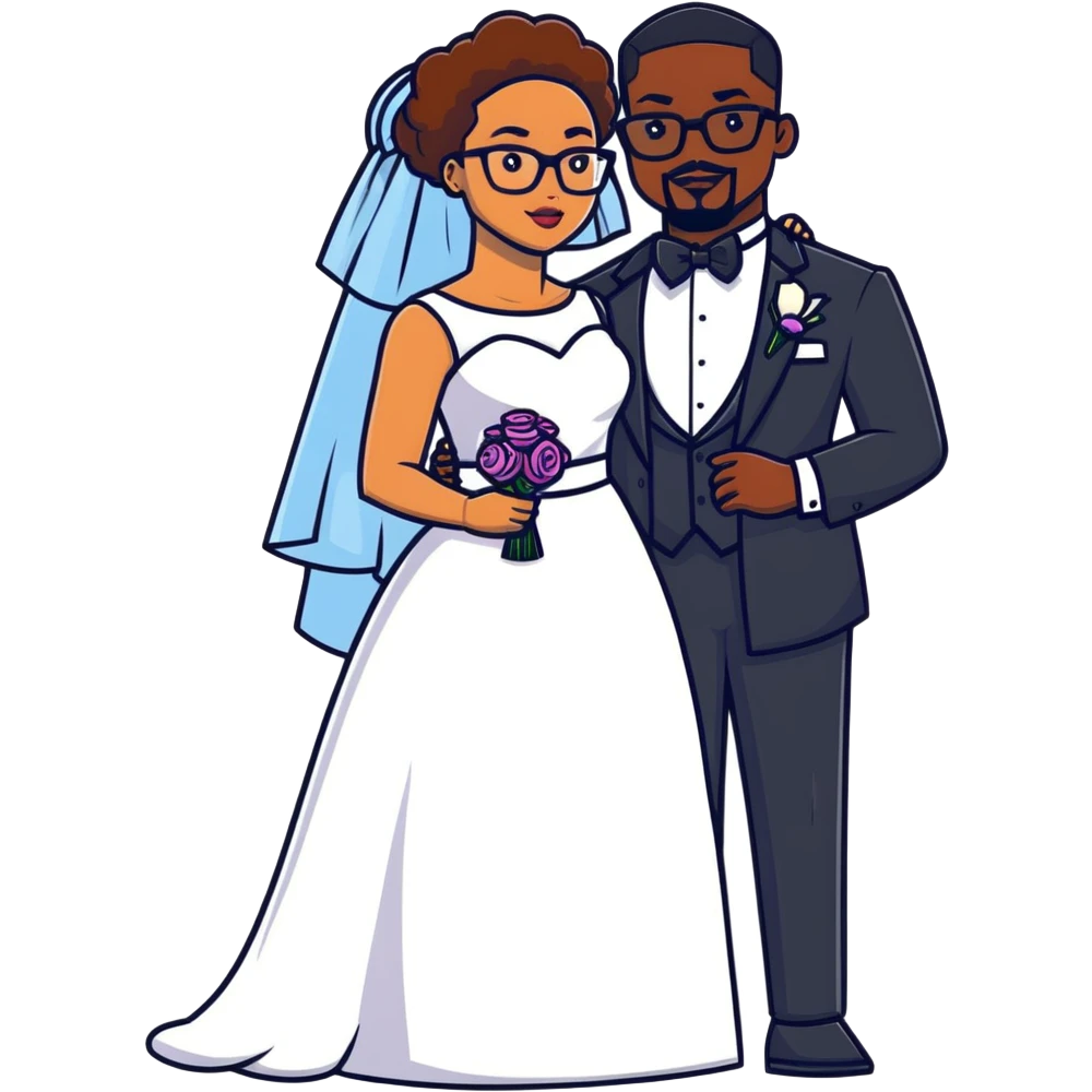 light-skinned African American woman with glasses in a wedding dress and light-skinned man with a black goatee in a tuxedo emoji