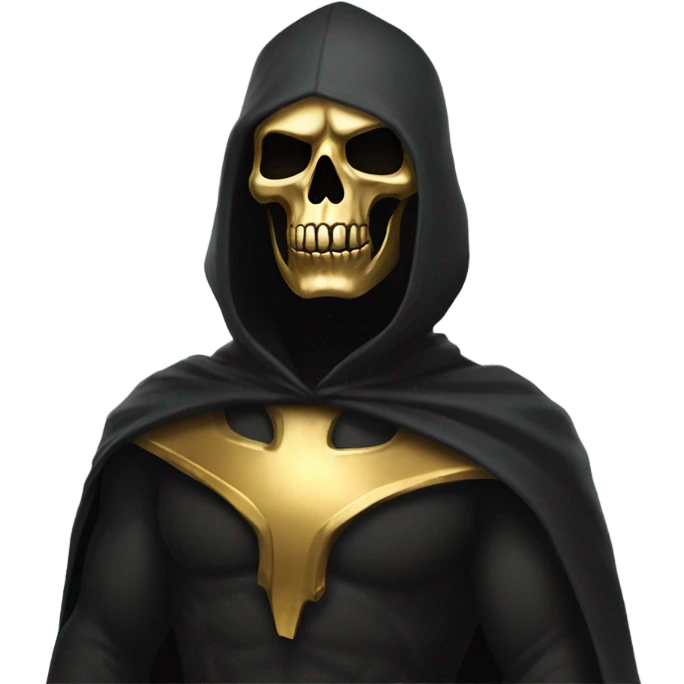 Bounty Hunter Boss with black cape and a gold skull jaw mask from death Stranding, full body view emoji