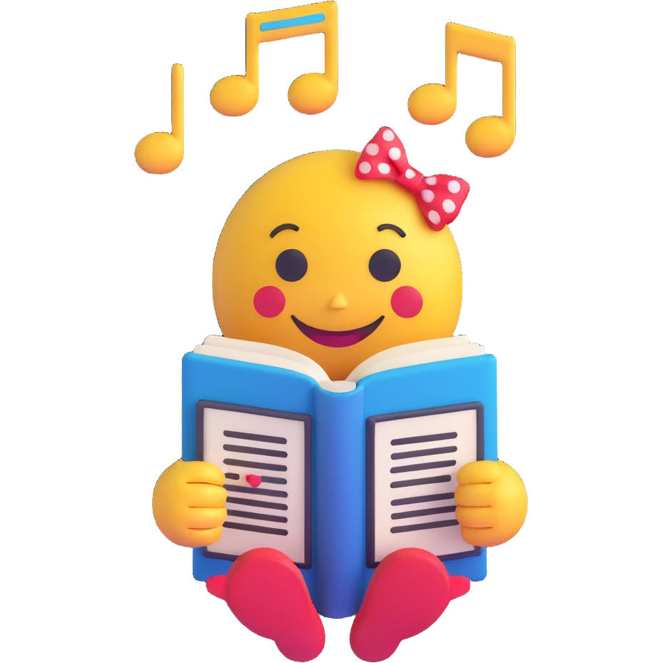 3D smiley emoji, large eyelashes, red polka dot bow, smiling, holding a book, floating musical notes beside, cute style emoji