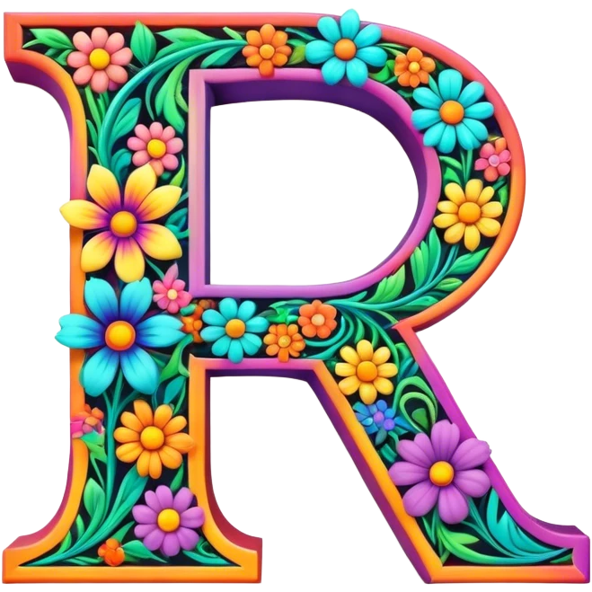 3D, gothic style psychedelic colored capital Letter “I” with hippie style flower border emoji