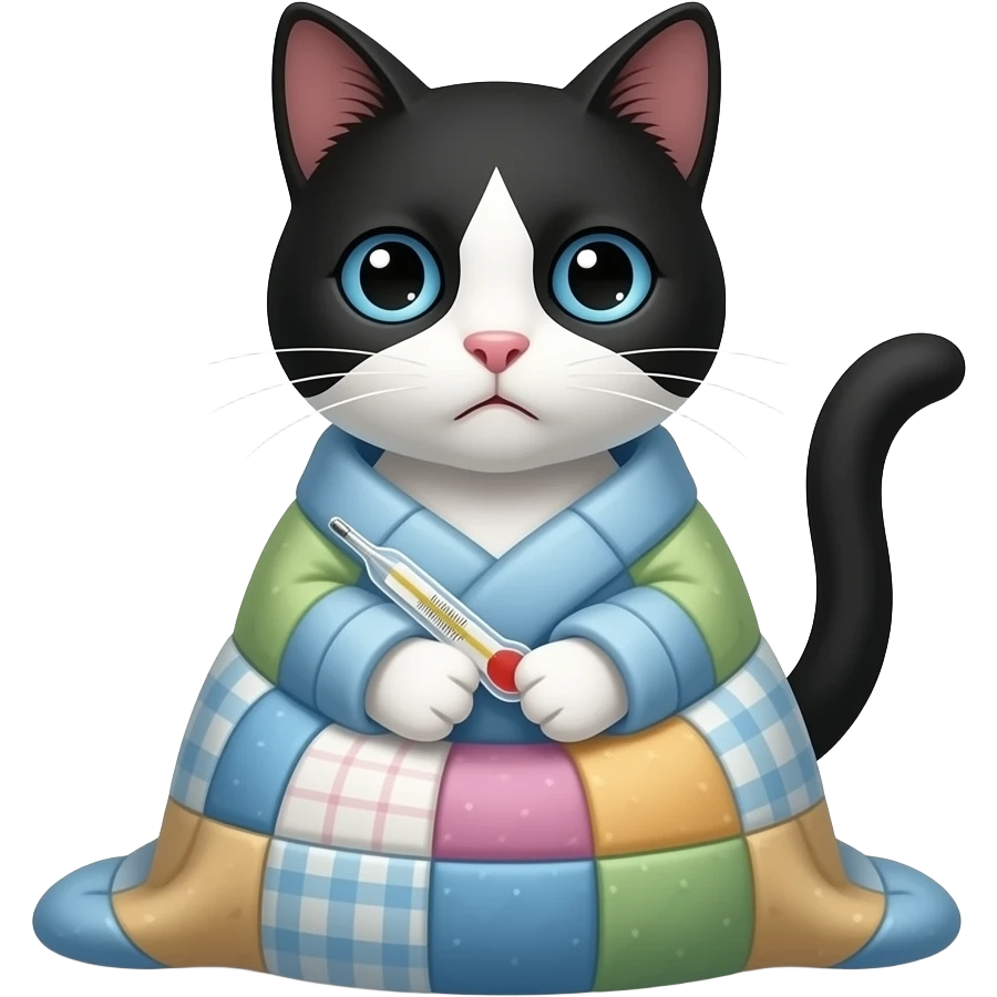 Black and white cat sickly with thermometer wrapped in patchwork quilt like a baby emoji