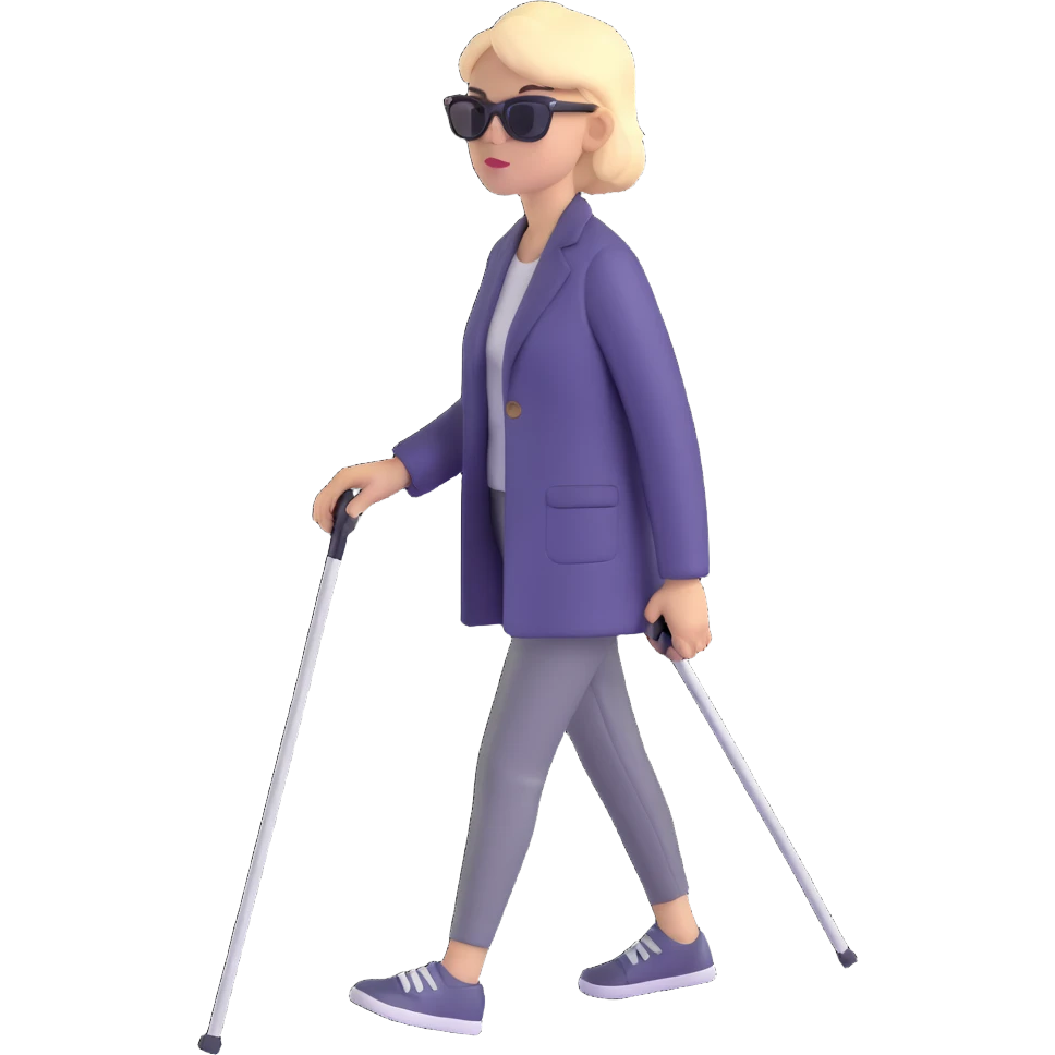 A blind person walking with a white cane, wearing sunglasses, outdoors, daytime. Focus on the cane and posture that indicates visual impairment. emoji