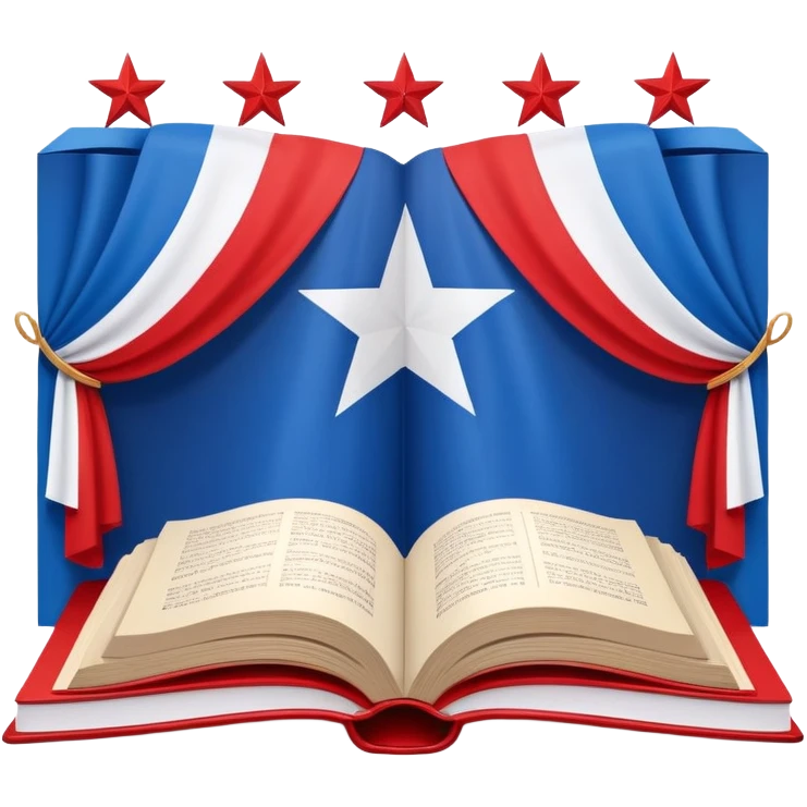 Open book about theatrical scenography with the Puerto Rican flag integrated into its pages, showing theater stage designs in red and blue colors with a white star emoji
