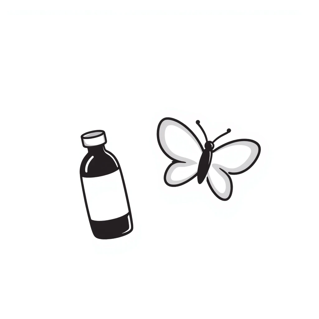 Small dark brown bottle with white cap floating next to a bright translucent butterfly-shaped thyroid icon, representing connection with metabolism and hormonal system emoji