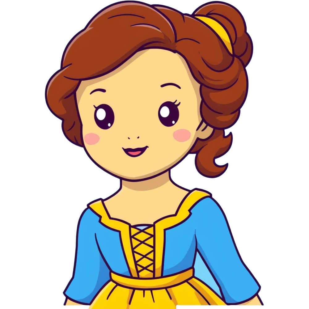 Disney Princess Belle from Beauty and the Beast with brown hair and face with freckles, yellow dress emoji