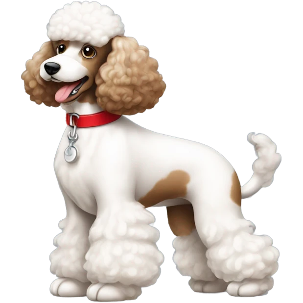 Dog poodle white and brown sitting with red collar  emoji