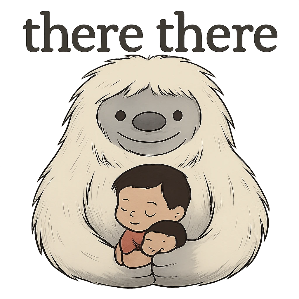 Reduce the image dimensions to make the file smaller, keep the background transparent, and preserve the 'there there' text through the head of the Abominable Snowman hugging the much smaller kid. Maintain the original style and transparency. emoji