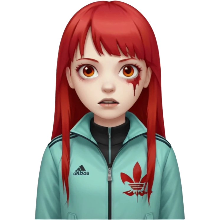 Crie um emoji de uma menina zumbi  com o cabelo vermelho longo com uma franja reta casaco de gola alta da adidas emoji