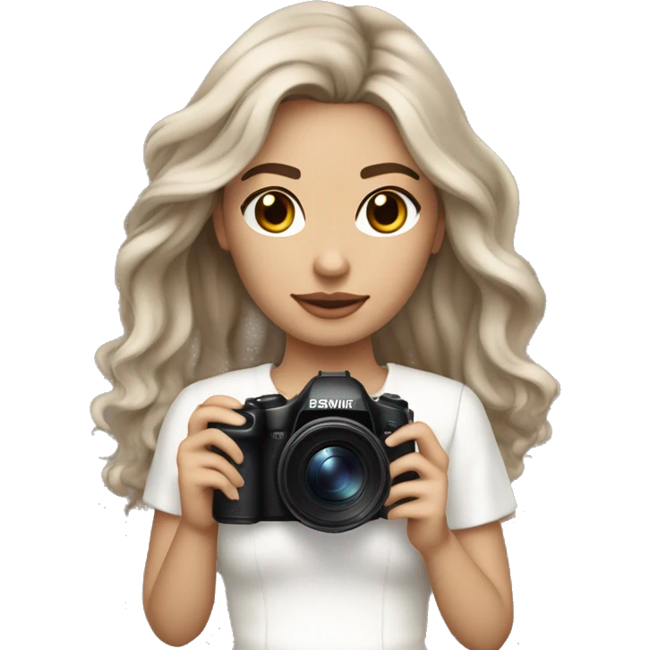 An aesthetic girl photographer, wearing off white classy outfit, her skin tone is light and hair color is ash brown. Hair style is beach waves. The hair is mid length and straight . She has a white skin tone and is holding her camera emoji