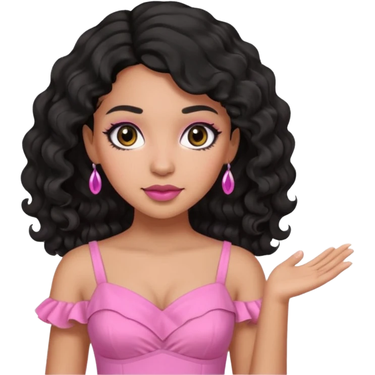 A mixed woman with black wavy hair and black eyes wearing pink emoji