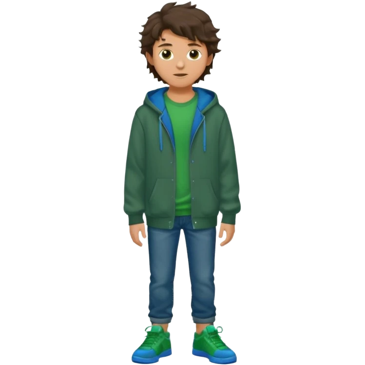 a 14 year old slightly tanned teenage boy with dark brown tousled wavy hair, wearing a green tshirt, with a dark green hoodie overcoat with blue jeans and green shoes emoji