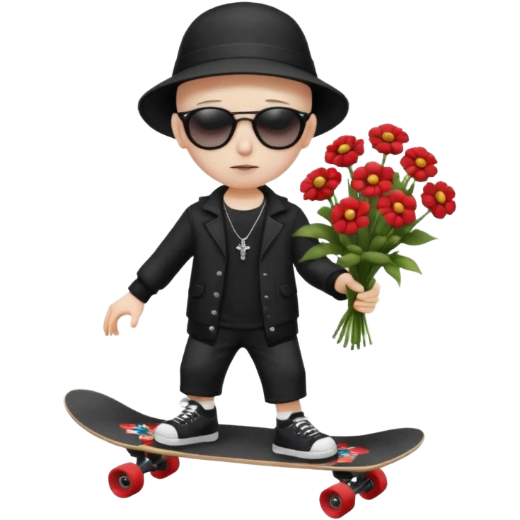 ["A sad boy with pale skin, bald, wearing a sunhat and sunglasses, dressed in goth fashion, is skateboarding while holding a flower bouquet."] emoji