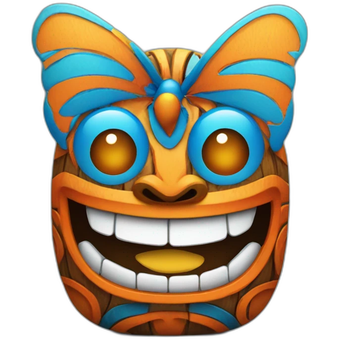 Blue and orange smiling tiki with butterfly  emoji