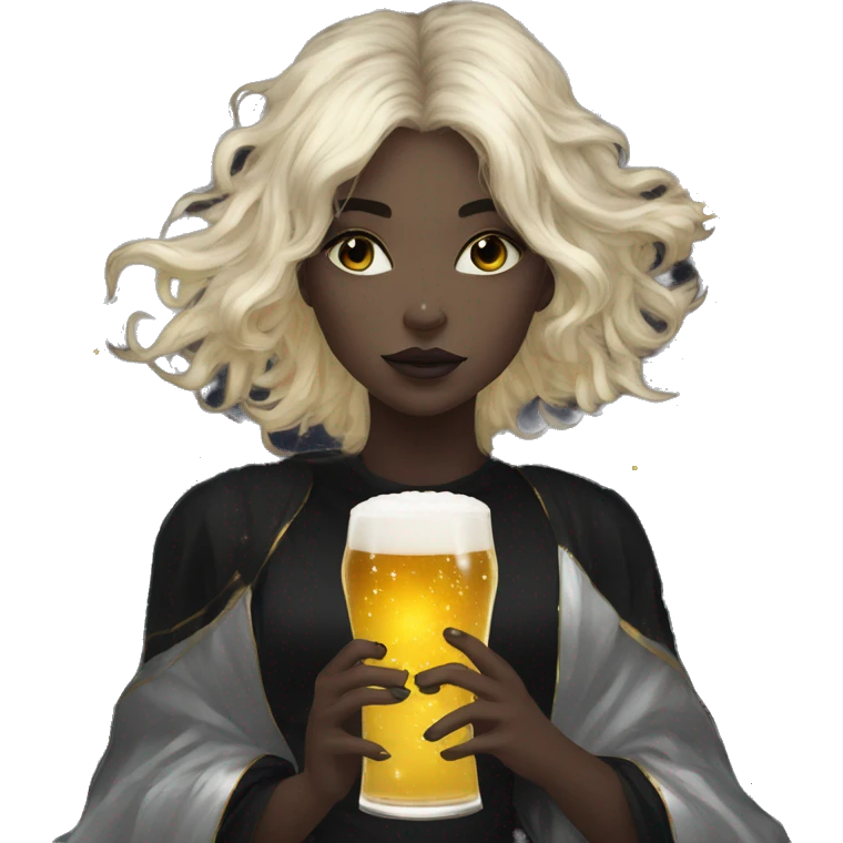 Ethereal galactic Girl wearing black and gold sat on a nebula galaxy drinking beer surrounded by golden stars and planets emoji