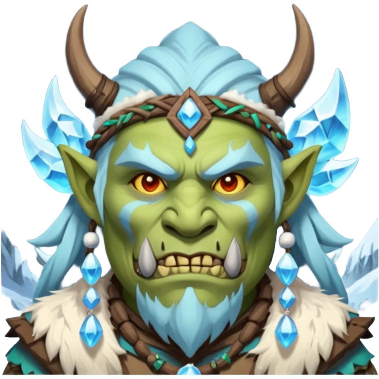Fantasy Christmas orc shaman icon, ice spirit magic theme, glowing runes, winter tribal mask elements, mystical cold atmosphere, emoji sized portrait, male/female variant
 emoji