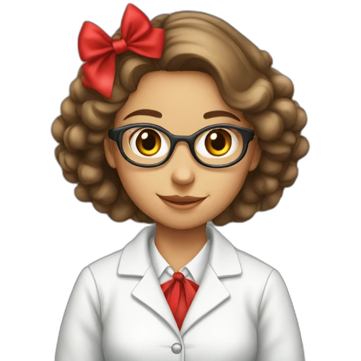 young chemist girl, red bow on head emoji