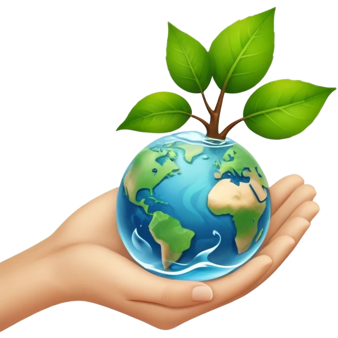 An icon featuring a green leaf, Earth held in hands, and a recycling symbol, symbolizing ecology. The design includes trees, clean water, and animals, representing environmental protection, sustainability, and ecosystems. Transparent background highlights the science of nature and conservation. emoji