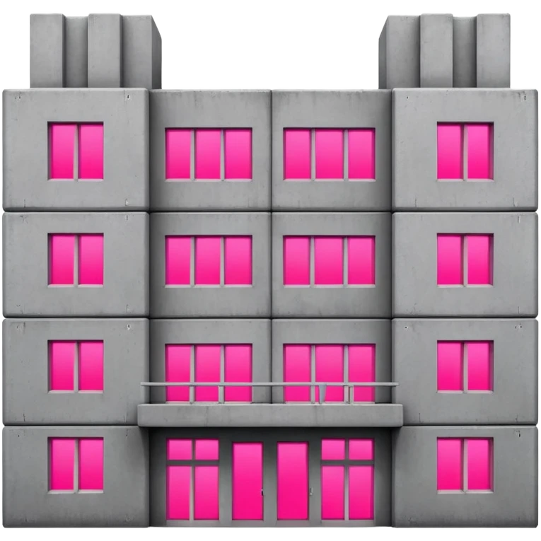 Brutalist gray concrete block building with one neon pink window and several regular windows emoji