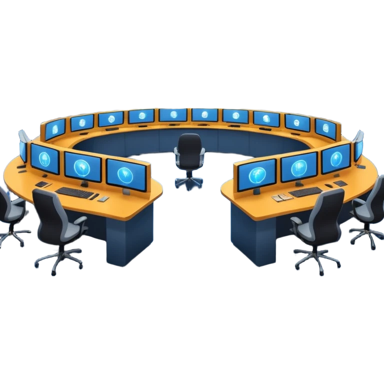Cinematic mission control center, massive curved video walls with complex telemetry and glowing data visualizations, symmetrical high-tech workstations, dim blue and amber ambient lighting, sharp focus, hyper-realistic, atmosphere of absolute precision. emoji