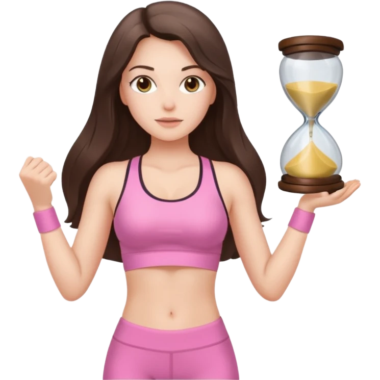 white brunette girl long hair with hazel eyes in light pink workout with hourglass figure emoji
