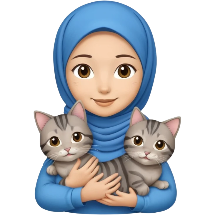 Asian white girl wearing blue hijab with dress holding a black grey tabby cat while smiling emoji