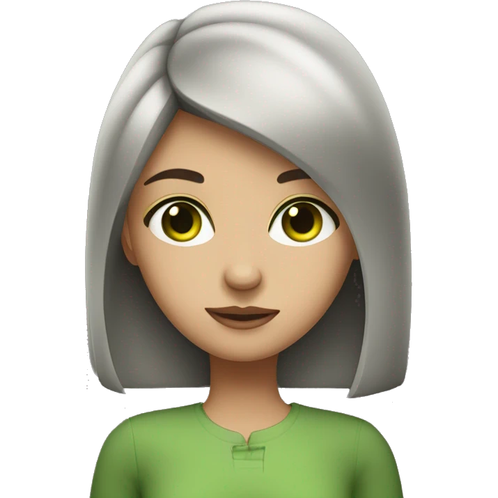 A girl with dark brown hair, green eyes and a snub nose emoji