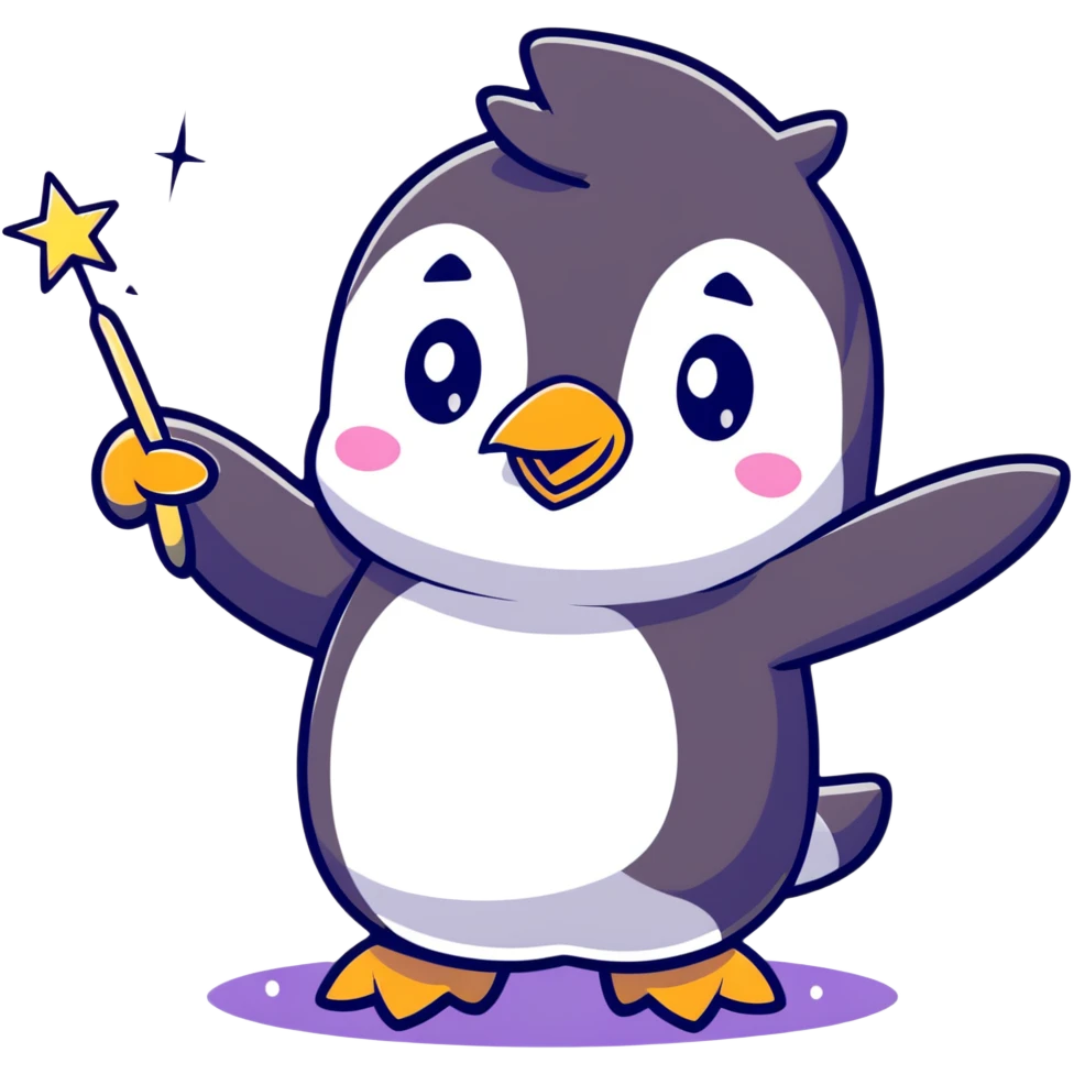 cute penguin casting a magic spell with a starry wand emoji