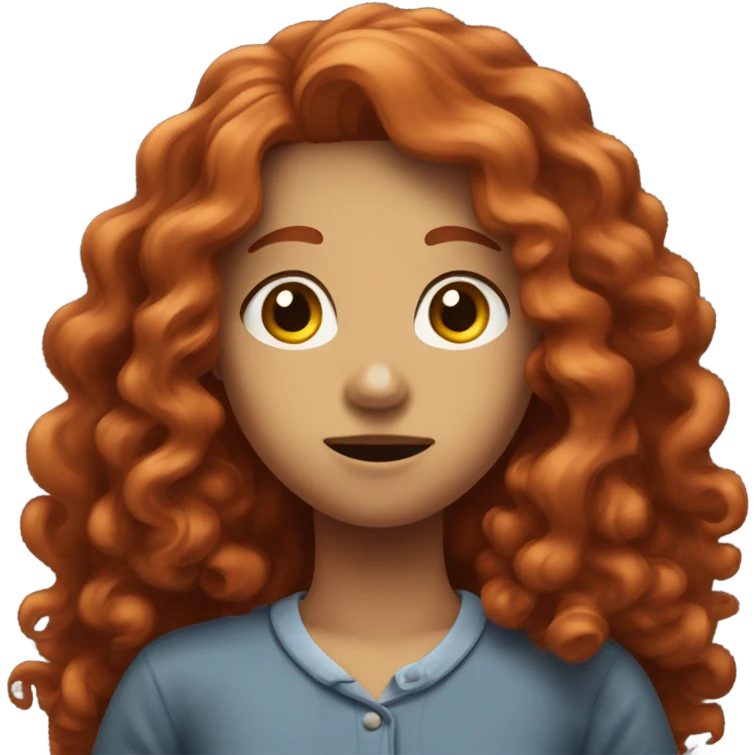 A curly red headed girl with long hair and a middle part shrugging her shoulders up to her ears as if she was saying “I don’t know” emoji