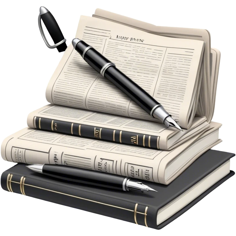Create an emoji representing journalism and publicistic writing. The design should feature a stack of newspapers, an open notebook, and a single classic fountain pen placed on top of the notebook, symbolizing the act of writing. The scene should convey a sense of professionalism and thoughtful analysis. Use a neutral and professional color palette, with black, white, and muted tones. Do not include any emojis or smiley faces. Make the background transparent. emoji