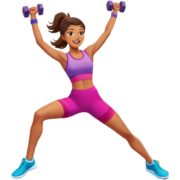 An energetic person performing an aerobics workout in a brightly lit gym, jumping and stretching with enthusiasm. The scene includes vibrant fitness equipment like dumbbells and exercise mats, with a background of cheerful, motivating colors, conveying energy and movement. emoji