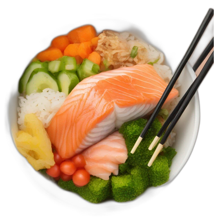 rice salmon pokebowl with veggies and chopsticks emoji