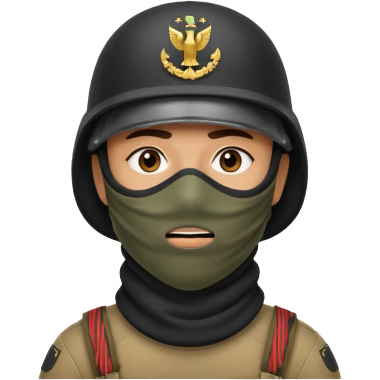 
an Iraqi soldier with a serious face, wearing a helmet and a balaclava covering his mouth emoji