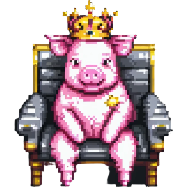 pixel art pig with a golden crown sitting on a throne, blocky and square like Minecraft, inspired by Technoblade emoji