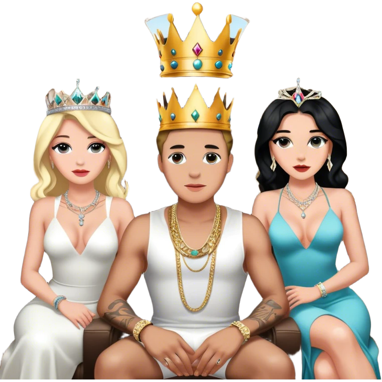 Josh king Madrid Wearing a crown, surrounded by 3 perfect intimate sfw women body breas augmentation models, wearing tons of diamond chains , sitting in private jet ,  emoji