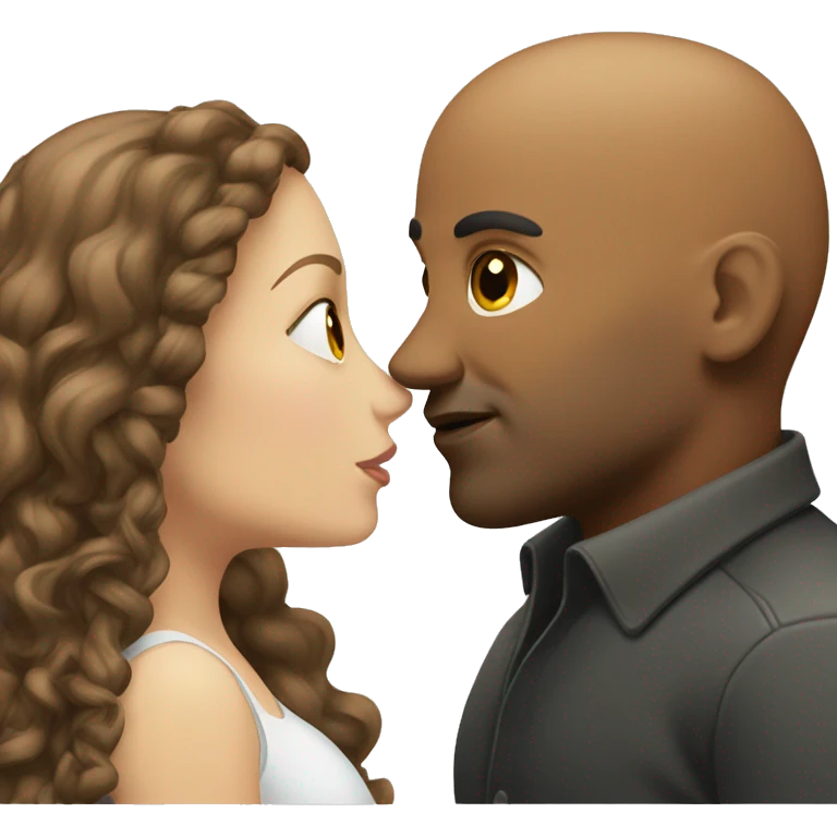 Brown bald man with chain hair kissing white woman with long brown hair emoji