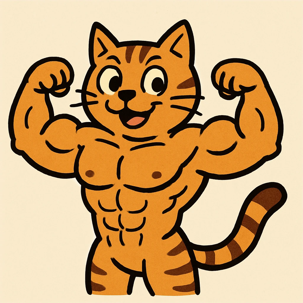 muscle cat, cartoonish style, bold lines, playful expression, simple and fun emoji