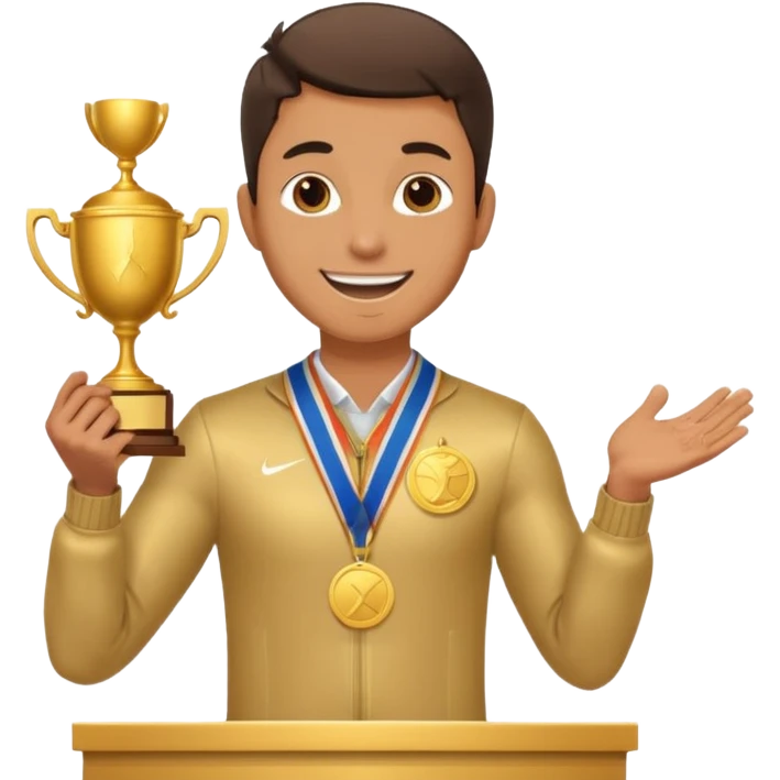winner ceremony with one guy standing in a winner's podium and having a medal around his neck and holding a trophy emoji