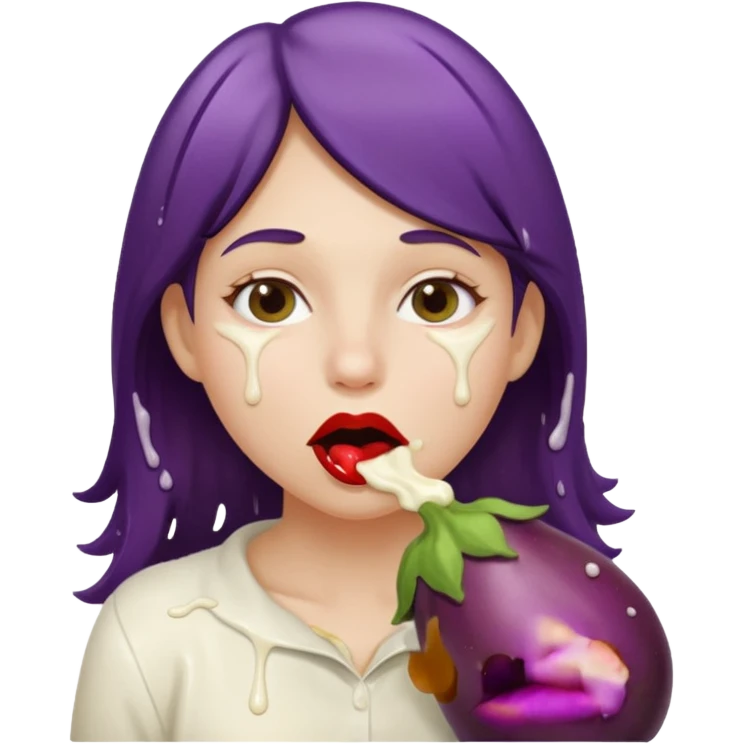 Naked Girl sucking on egg plant, egg plant between lips, cream dripping from mouth emoji