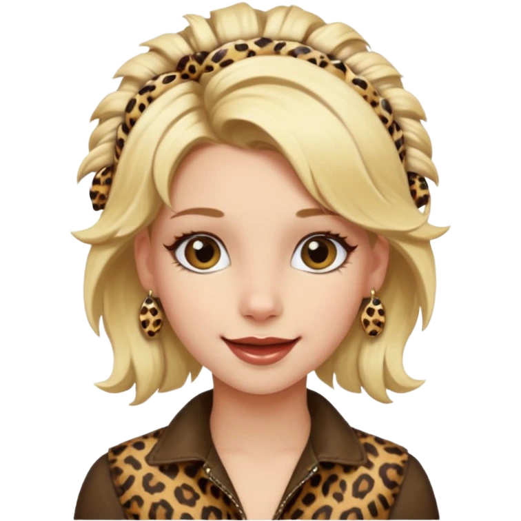 Une fille blonde et joyeuse. Elle porte une coiffure rock et originale avec des barrettes léopard et motif peau de vache. emoji