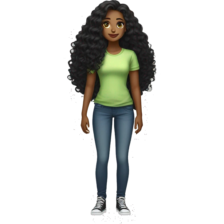 long curly black hair, full body head to toe, eyes with a hint of green, eyes positive  canthal tilt ,medium thick eyebrows , and thin lips, round face shape, soft jawline, full body, teen, sensual, american, woman, well defined feminine body emoji