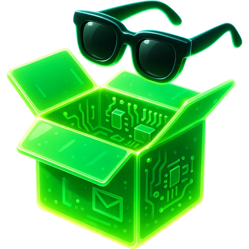 green neon delivery box opened, black sunglasses flying out, stylized with neon effects, dynamic composition emoji