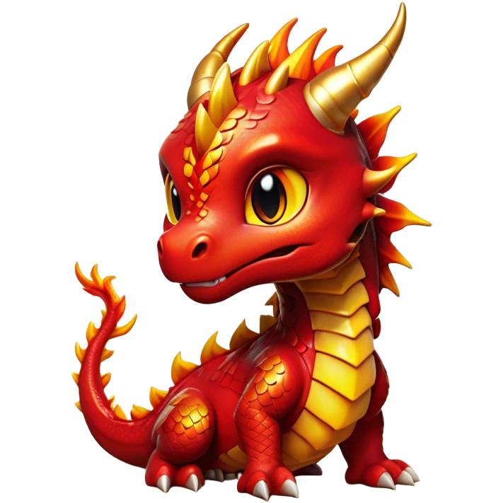 Cinematic Cute Fierce Fire Dragon Portrait Emoji, Head tilted playfully and inquisitively, showcasing a robust, flame-embellished form with intricately detailed scales in vibrant reds and glistening golds, accented by flickering ember highlights and a warm, inviting glow; rendered with lifelike detail and radiant natural light, high shine, spirited yet endearing, styled with a touch of blazing whimsy, soft glowing outline, capturing the essence of a mischievous yet charming inferno that seems ready to dance with playful fire! emoji