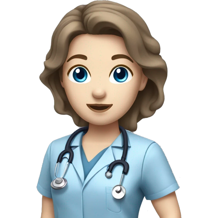 female doctor with brown hair blue eyes pale skin blue stethoscope and grey scrub top emoji