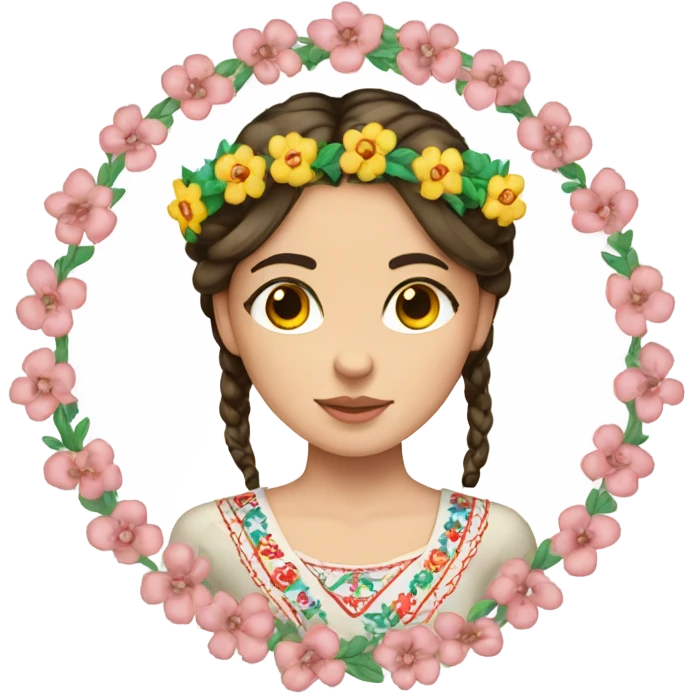 a brunette girl with a braid in a Ukrainian embroidered shirt and a wreath of flowers on her head emoji