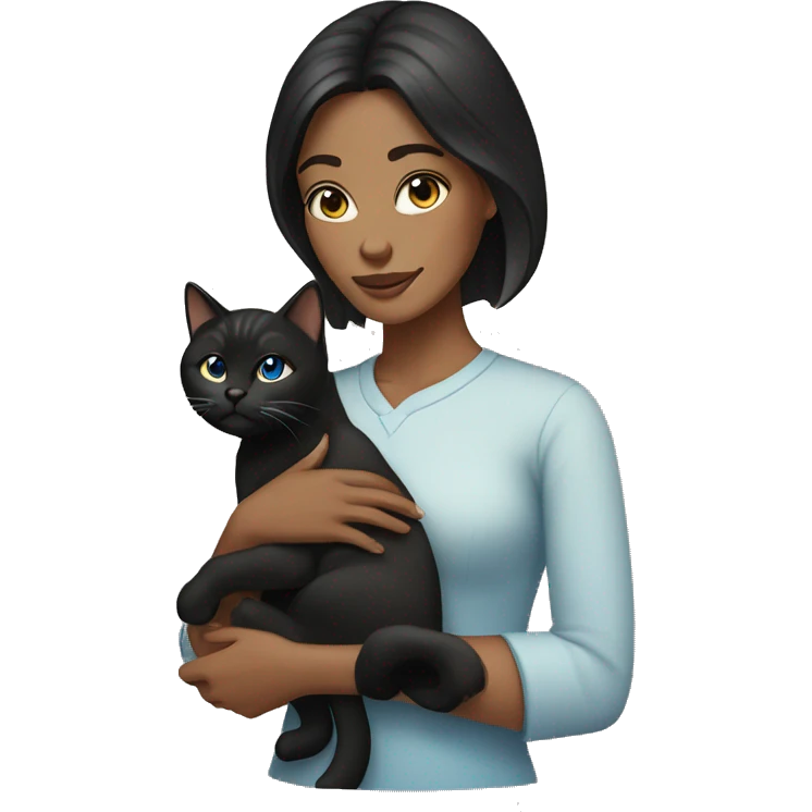 woman with black hair and blue eyes holding a tabby cat emoji