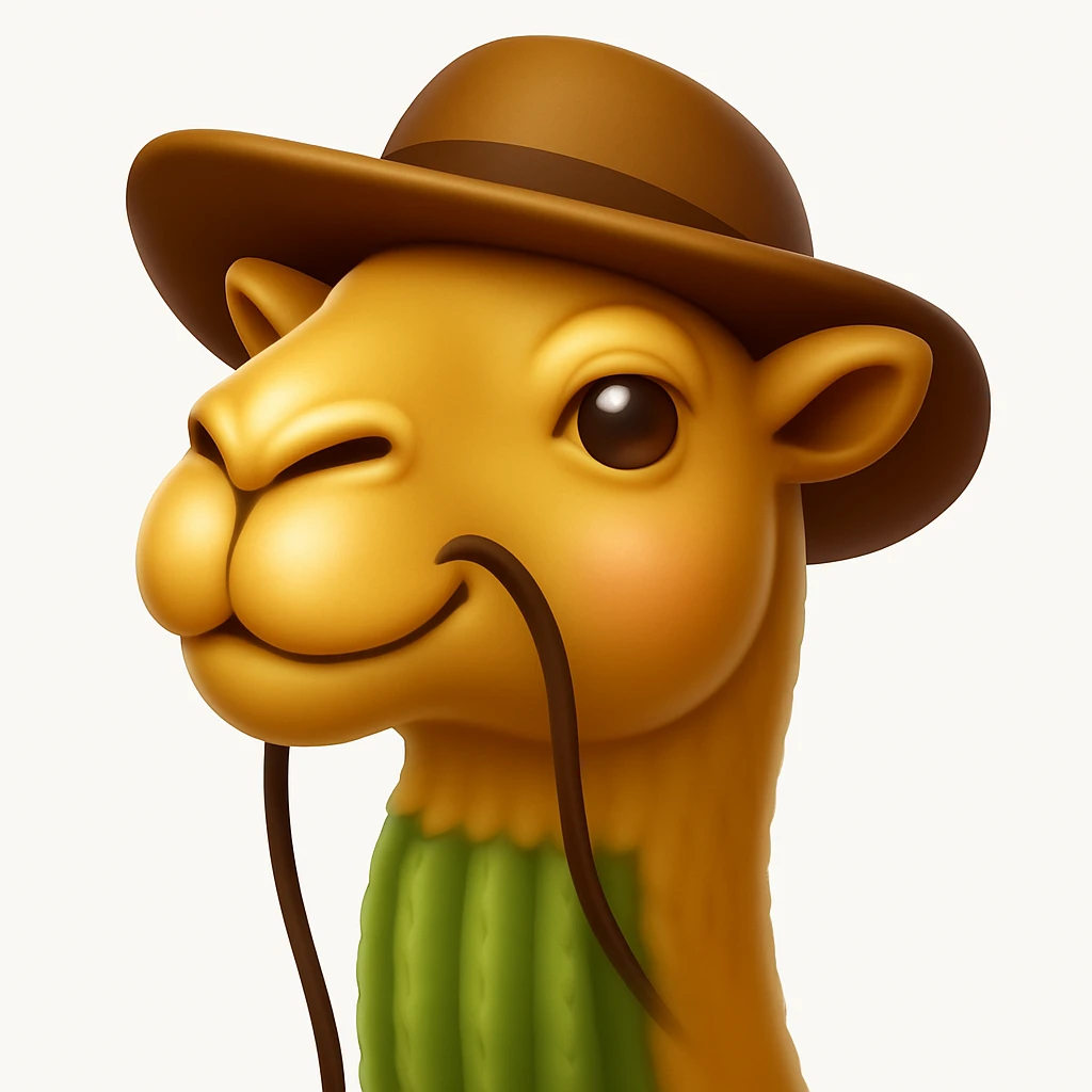 Make a camel emoji exactly like the reference image, in iOS emoji style. Same face, neck, and expression, smooth and shiny. Add a slight blush to the cheeks. emoji