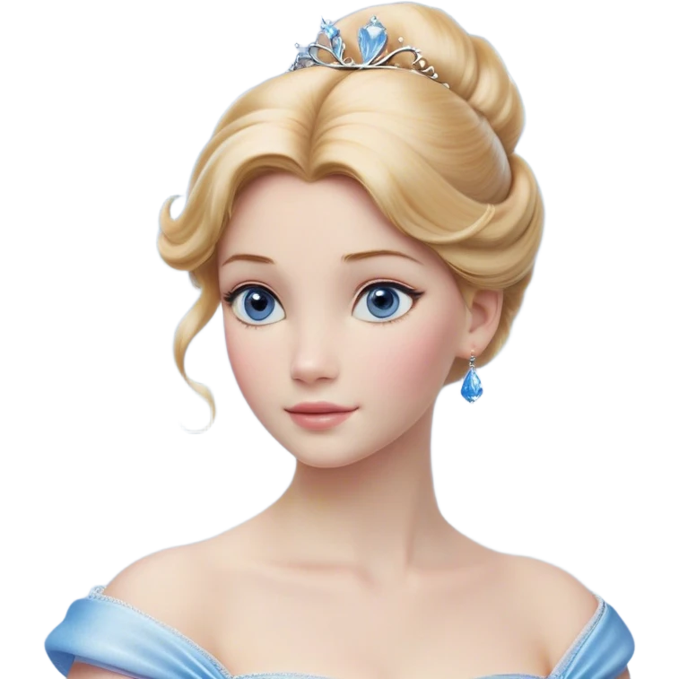Cinematic Realistic Cinderella Portrait, depicted with lifelike skin texture, subtle rosy undertones, and soft natural lighting that enhances the gentle contours of her face. Her intricately detailed golden blonde hair is elegantly styled in an updo, with delicate wisps framing her face. Her deep, expressive blue eyes radiate warmth and sincerity, reflecting a quiet resilience and grace. She holds a glass slipper gently in one hand, her other hand resting gracefully at her side, emphasizing the timeless beauty of the moment. She is dressed in her iconic ball gown, the fabric shimmering with intricate embroidery and fine translucent layers that catch the light beautifully. The soft sheen of satin gloves adds a magical touch to her graceful pose. The portrait features an enchanting glow with a natural, luminous finish, seamlessly blending realism and fairytale charm to evoke a sense of depth, elegance, and timeless beauty. emoji