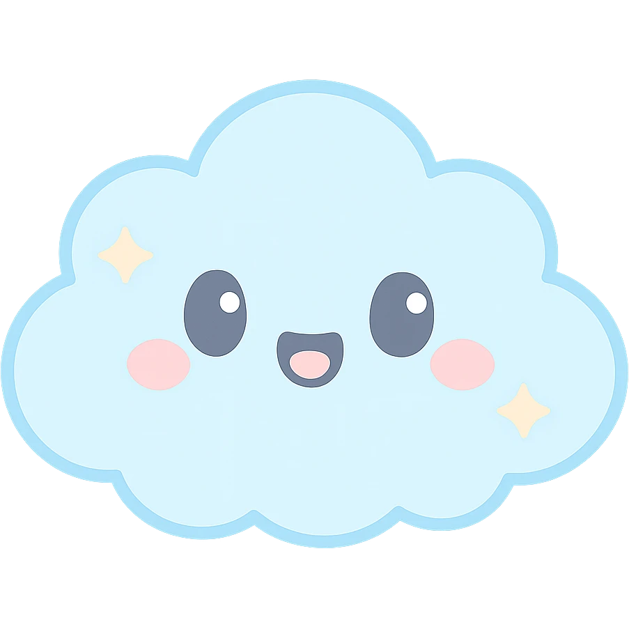 chibi cloud character, soft and fluffy, open mouth smile, pastel blue, sparkles, gentle lighting, kawaii vector sticker emoji
