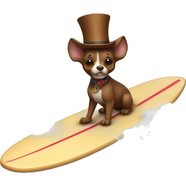 Brown chihahau riding surfboard with tophat and huge ears emoji